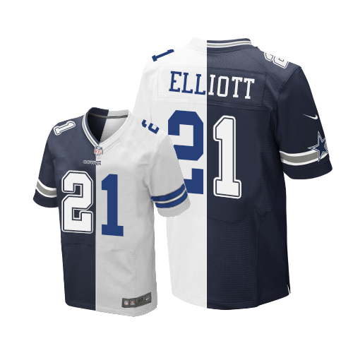 Men's Elite Ezekiel Elliott Nike Jersey Navy Blue/White - #21 Split Fashion NFL Dallas Cowboys